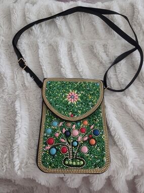 Green Beaded Floral Crossbody Bag with Black Strap